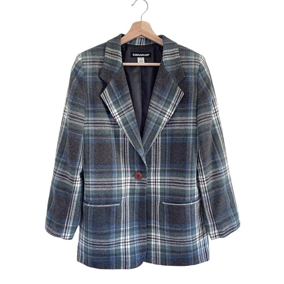 Vintage Savannah Tartan Plaid Wool Blend Notch Collar Blazer Jacket Blue Grey 6 - Picture 1 of 13